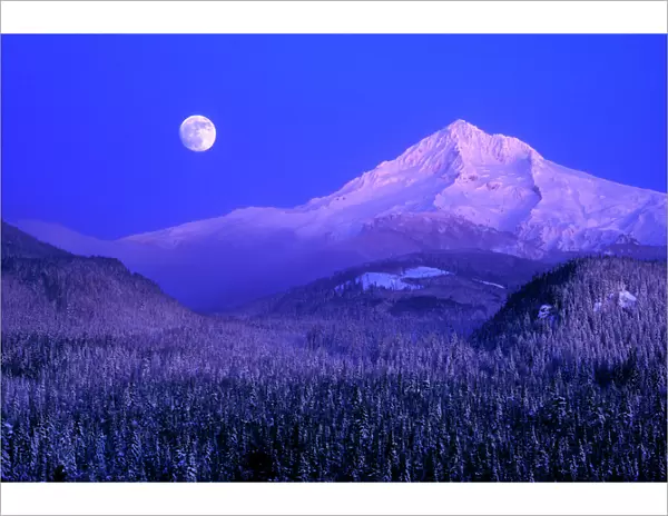Moonrise over Mt Hood winter, Oregon