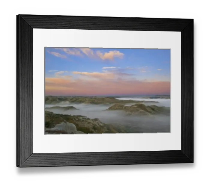 Framed Print : Fog from the Little Missouri River hangs in the badlands of Theodore Roosevelt National