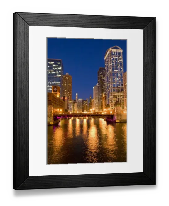 Framed Print : Chicago, Illinois, Skyline and Chicago River at Night