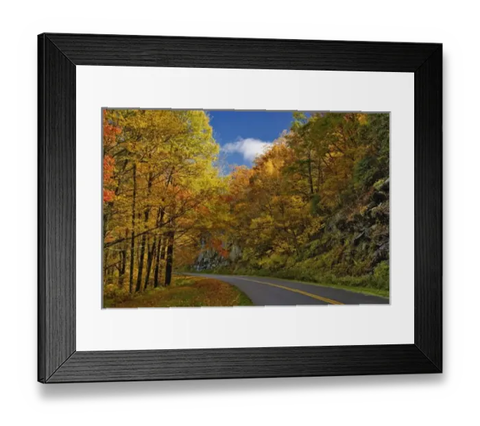 Framed Print : Blue Ridge Parkway curving through autumn colors near Grandfather Mountain, North Framed Print : Blue Ridge Parkway curving through autumn colors near Grandfather Mountain, North