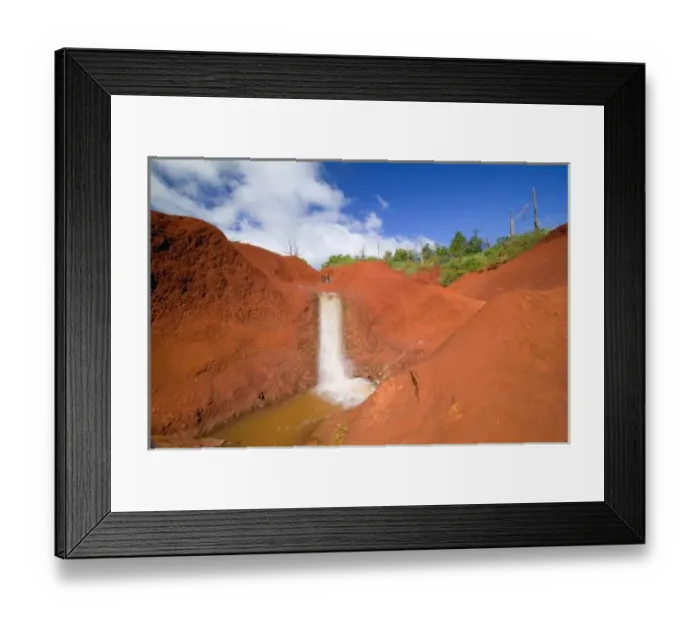 Framed Print : USA, HI, Kauai, Waimea, Waimea Canyon, Small Waterfall in Red Earth