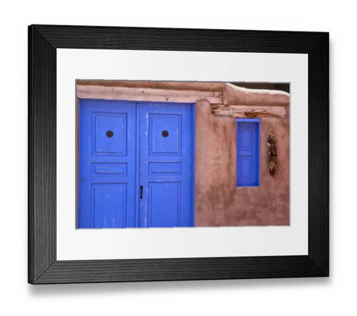 Framed Print : USA, New Mexico, Santa Fe. View of blue door and window in adobe structure Framed Print : USA, New Mexico, Santa Fe. View of blue door and window in adobe structure