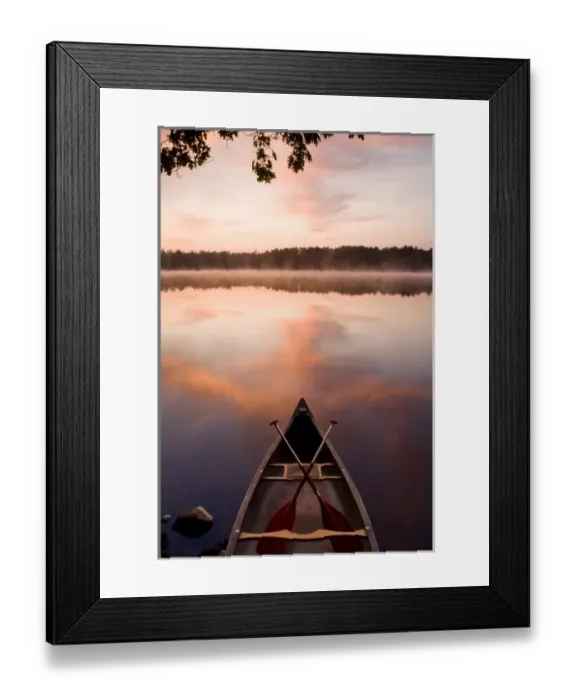 Framed Print : A canoe rests on the shore of Pawtuckaway Lake at dawn as seen from Horse Island Framed Print : A canoe rests on the shore of Pawtuckaway Lake at dawn as seen from Horse Island