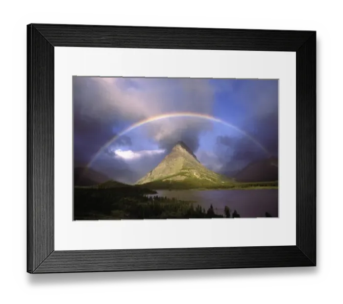 Framed Print : Full rainbow and stormy sky over Grinnell Point and Swift Current Lake in Glacier National Park