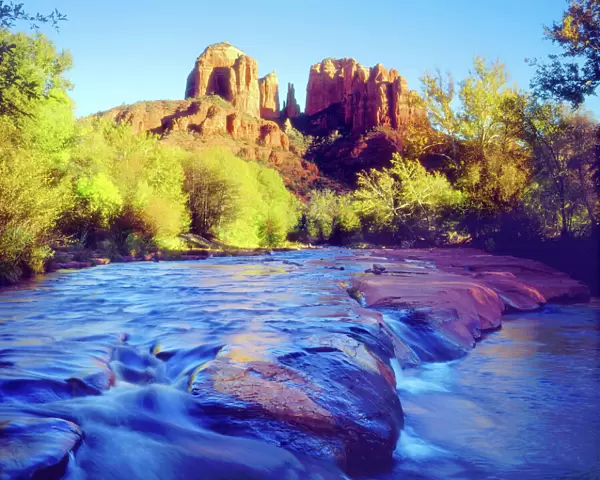 USA, Arizona, Sedona. Cathedral Rock reflecting in Oak Creek. Credit as: Christopher
