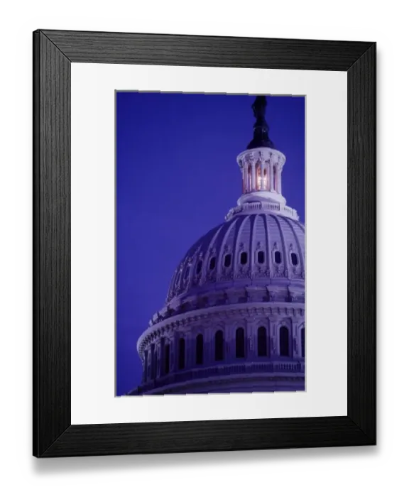 Framed Print : U.s Capitol at dusk with light in dome on showing that Congress is in session Framed Print : U.s Capitol at dusk with light in dome on showing that Congress is in session
