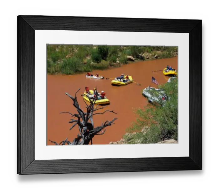 Framed Print : Oar powered rafts turn into the Colorado River where it meets the Little Colorado