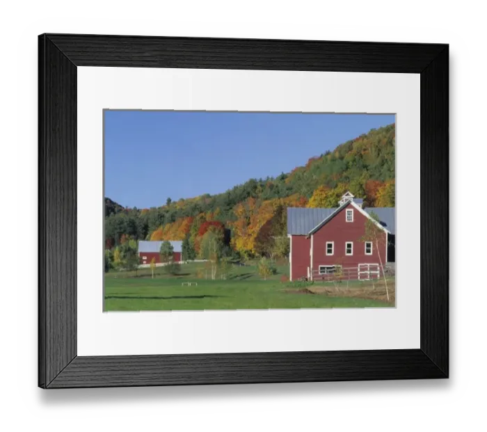 Framed Print : North America, USA, Vermont, Pomfret. Red Barn and fall foliage
