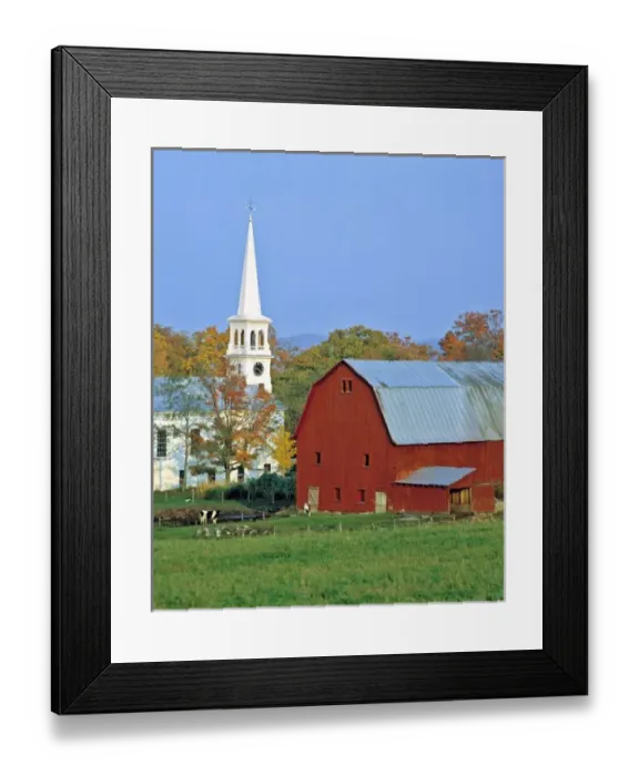 Framed Print : USA, Vermont, Peacham. A red barn and white church contrast with the green pasture in Peacham Framed Print : USA, Vermont, Peacham. A red barn and white church contrast with the green pasture in Peacham