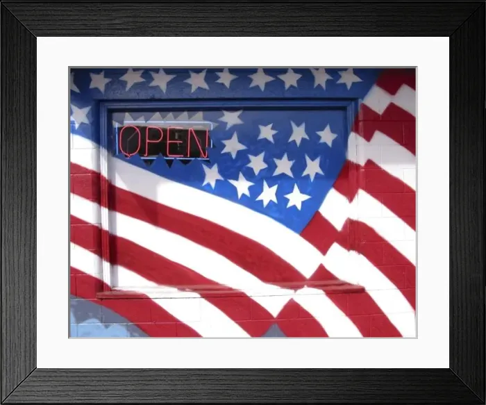 Framed Print : USA, Washington, Moses Lake. Flag wall mural on a business. Credit as: Nancy & Steve