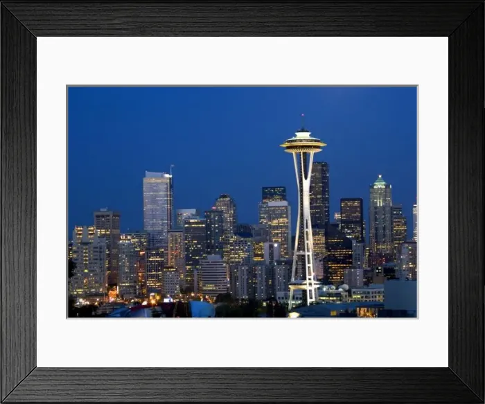 Framed Print : A view of the Space Needle and the city of Seattle, Washington at night Framed Print : A view of the Space Needle and the city of Seattle, Washington at night