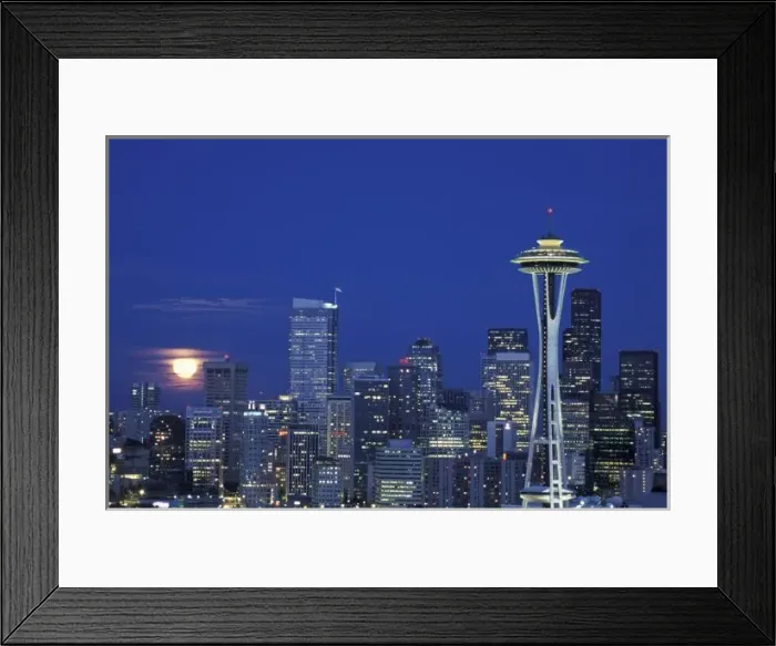Framed Print : N. A. USA, Washington, Seattle Skyline with full moon rising Framed Print : N. A. USA, Washington, Seattle Skyline with full moon rising