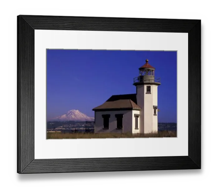 Framed Print : USA, Washington, Maury Island. Point Robinson Lighthouse, Mt. Rainier behind, Est 1885, b Framed Print : USA, Washington, Maury Island. Point Robinson Lighthouse, Mt. Rainier behind, Est 1885, b