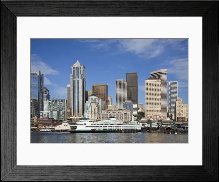 Framed Print : WA, Seattle, Seattle skyline with ferry boat from Elliott Bay Framed Print : WA, Seattle, Seattle skyline with ferry boat from Elliott Bay