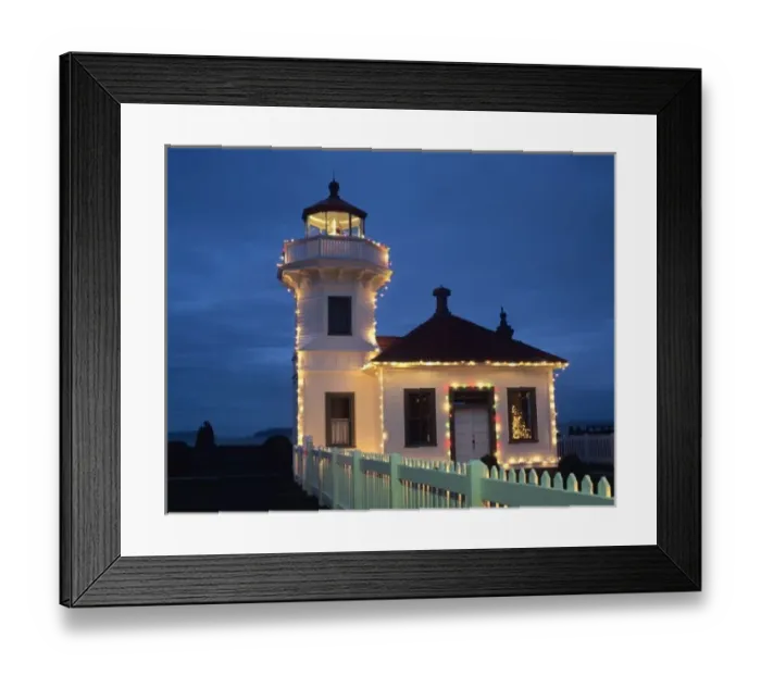 Framed Print : WA, Mukilteo, Mukilteo Lighthouse, established 1906, with holiday lights