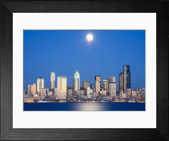 Framed Print : WA, Seattle, Seattle skyline and Elliott Bay with full moon rising, view from Alki Framed Print : WA, Seattle, Seattle skyline and Elliott Bay with full moon rising, view from Alki