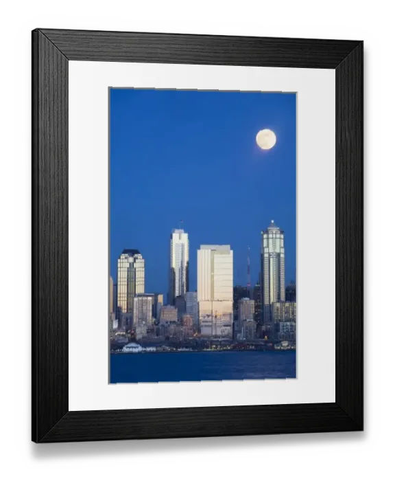 Framed Print : WA, Seattle, Seattle skyline and Elliott Bay with full moon rising, view from Alki Framed Print : WA, Seattle, Seattle skyline and Elliott Bay with full moon rising, view from Alki