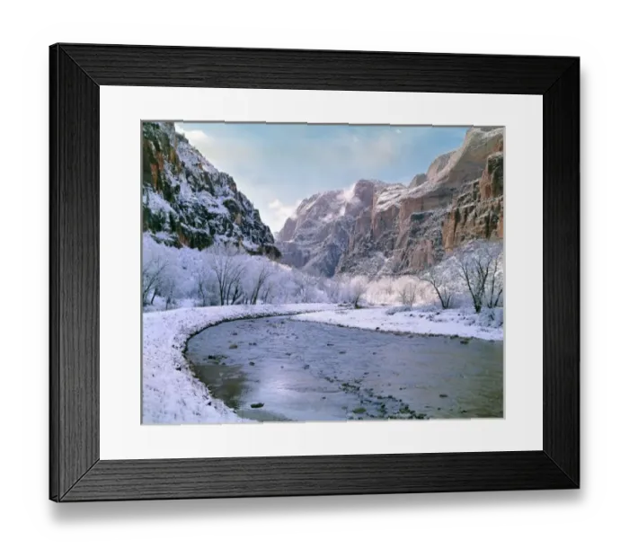 Framed Print : USA, Utah, Zion NP. New snow covers the canyon walls near the Virgin River in Zion National Park Framed Print : USA, Utah, Zion NP. New snow covers the canyon walls near the Virgin River in Zion National Park
