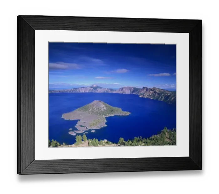 Framed Print : OR, Crater Lake NP, Wizard Island and Crater Lake, 1932 feet deep lake, deepest lake