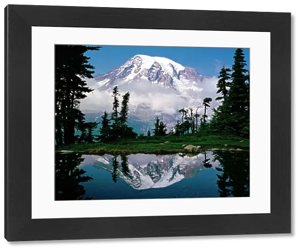 Mount Rainier relected in a mountain tarn (pond), Pinnacle Peak, Tatoosh Range, Mount
