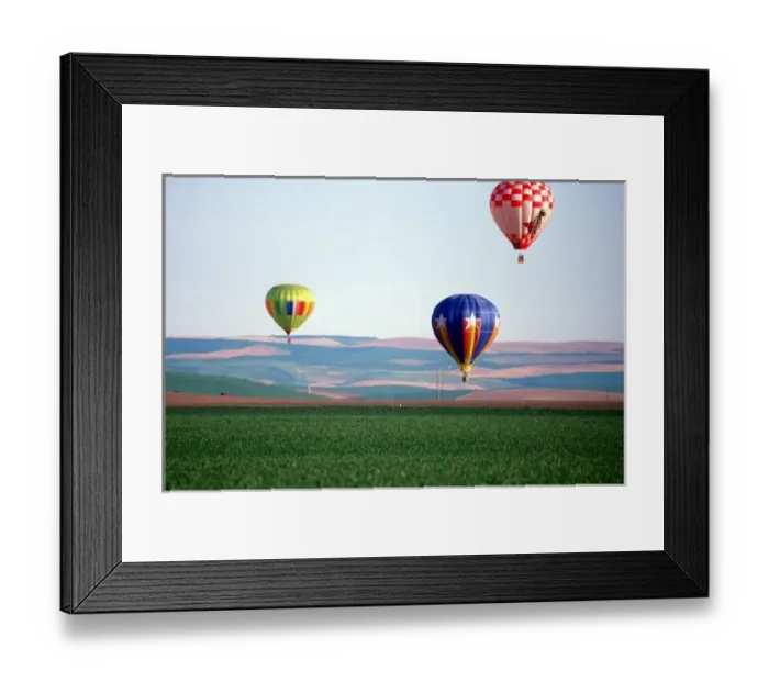 Framed Print : Colorful hot air balloons float over wheat fields in Walla Walla, Washington Framed Print : Colorful hot air balloons float over wheat fields in Walla Walla, Washington