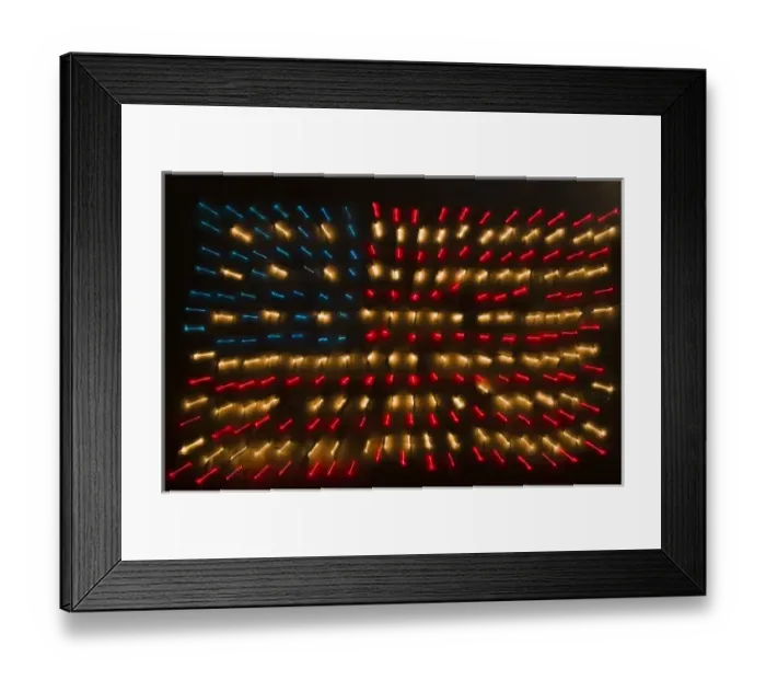 Framed Print : American Flag made of zoomed Neon Lights