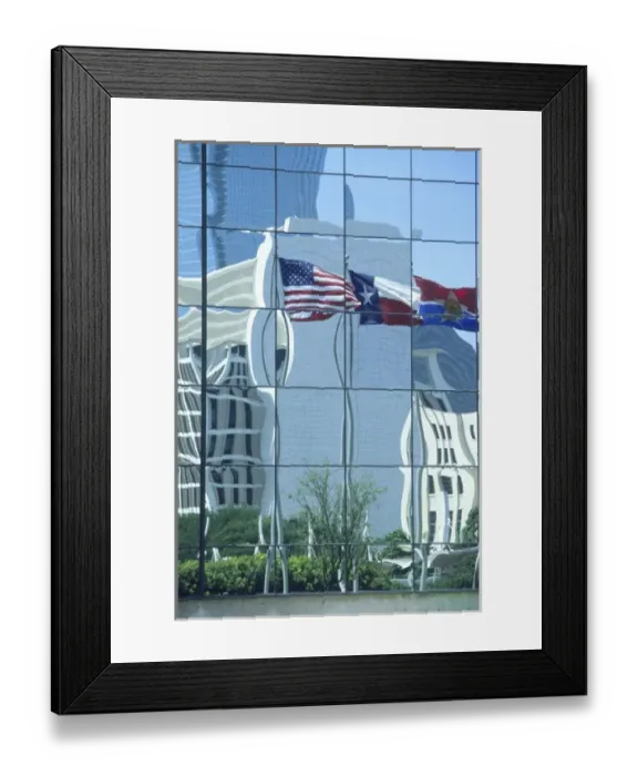 Framed Print : American and Texas state flags reflecting in hotel windows, Dallas, Texas Framed Print : American and Texas state flags reflecting in hotel windows, Dallas, Texas