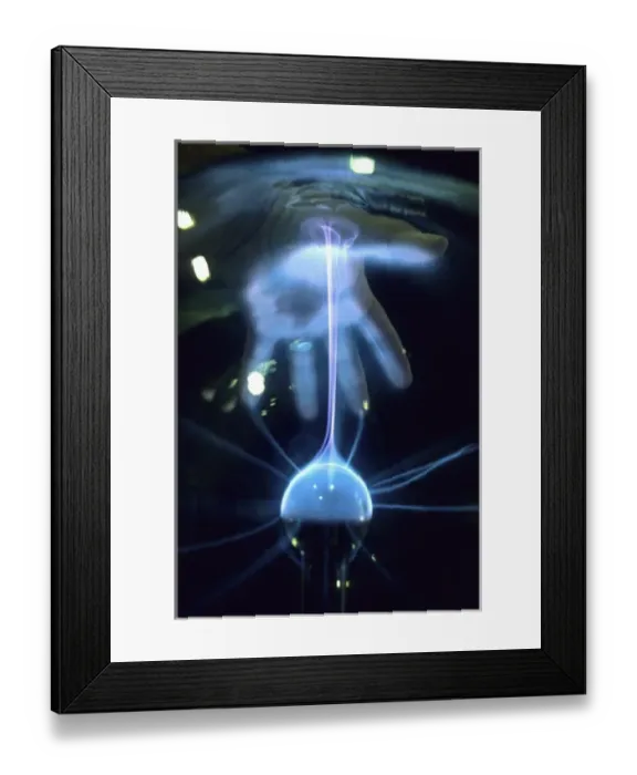 Framed Print : Hand creating static electricity arc in plasma ball, Duke Power Energy Exploratorium