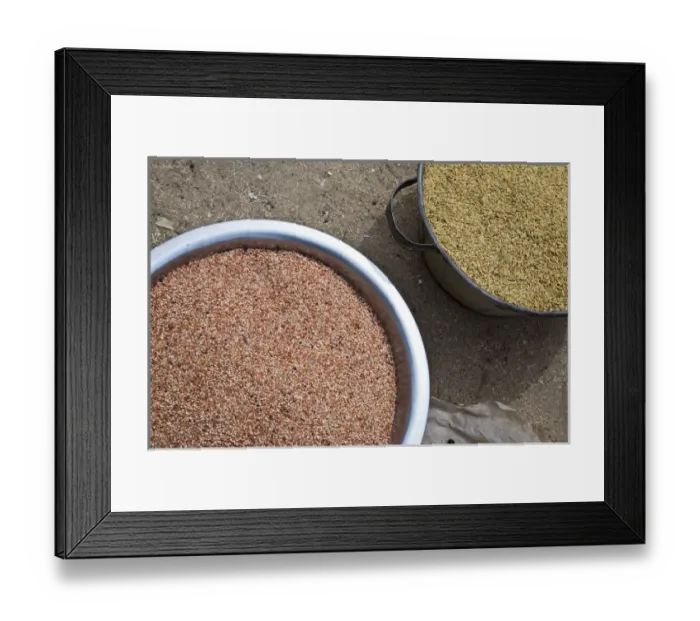 Framed Print : West Africa, Benin. Close-up shot of grains for sale at open-air market