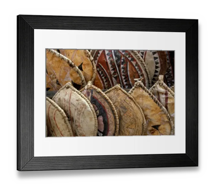 Framed Print : Kenya. Handmade Masai shields at a roadside display Framed Print : Kenya. Handmade Masai shields at a roadside display
