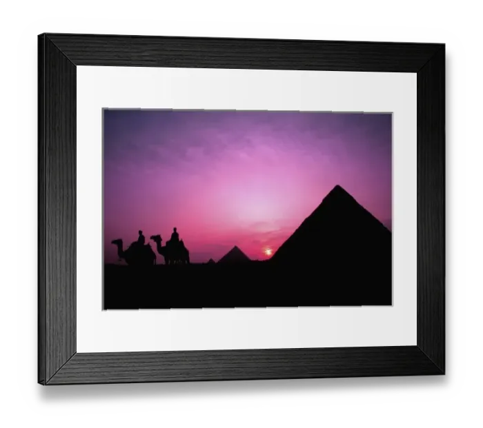 Framed Print : Colorful sunset with men with camels silhouetted against the famous Great Pyramids Framed Print : Colorful sunset with men with camels silhouetted against the famous Great Pyramids