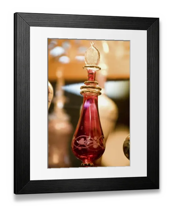 Framed Print : Egypt, Aswan. Intriguing blown glass perfume bottles at a perfumery visited on a Framed Print : Egypt, Aswan. Intriguing blown glass perfume bottles at a perfumery visited on a