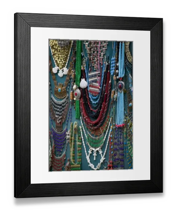 Framed Print : Beads for sale by vendor in the Market Place Luxor, Egypt