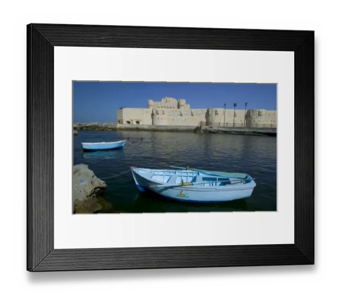 Framed Print : Boat and Fort Qu it Bey along the Mediterranean Alexandria, Egypt
