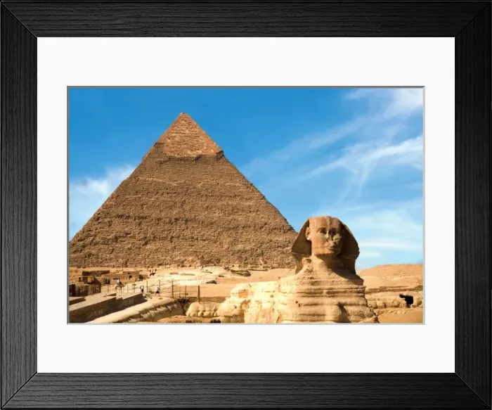Framed Print : Egypt, Cairo, The Sphinx sits before and the Great Pyramid of Khufu (Cheops)