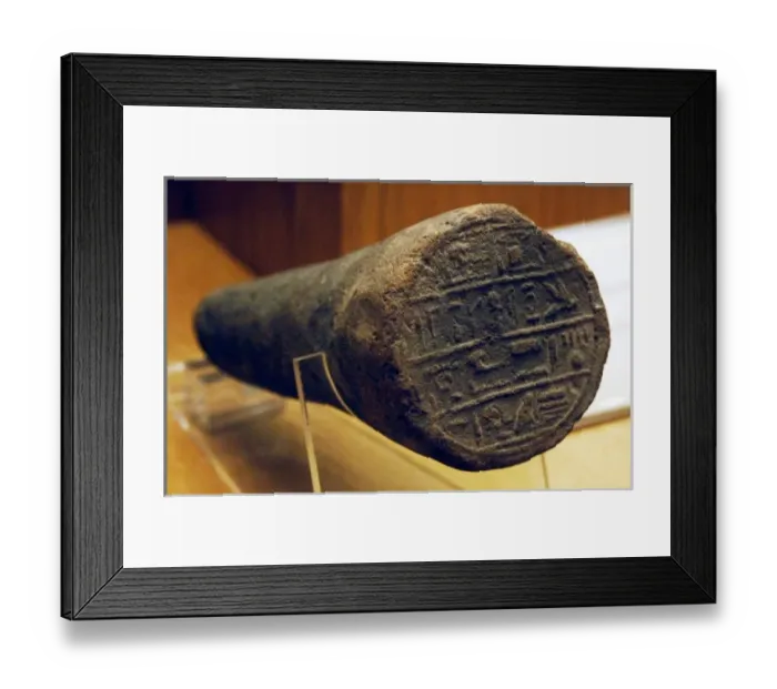 Framed Print : Egyptian art. Funerary Cone with stamped inscription on the base in hieroglyphic writing Framed Print : Egyptian art. Funerary Cone with stamped inscription on the base in hieroglyphic writing