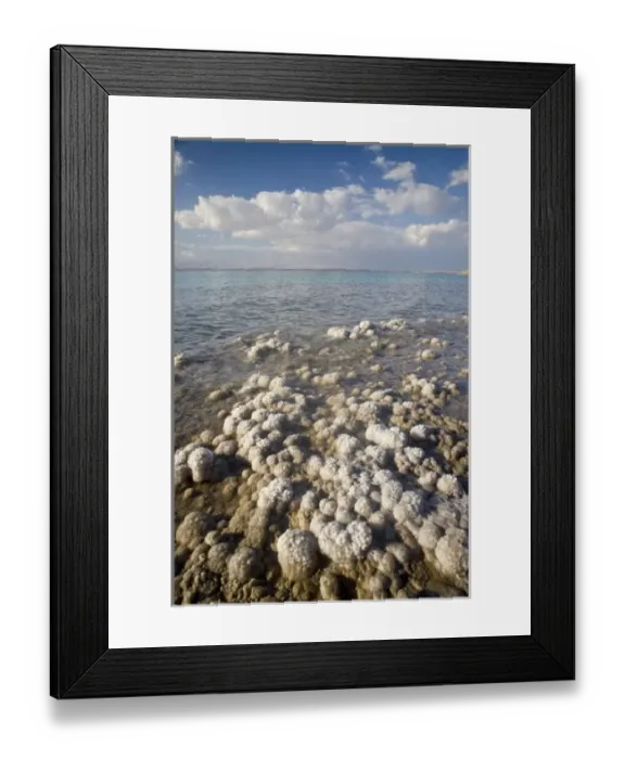 Framed Print : JORDAN. Briny, salt encrusted shoreline on Jordanian side of Dead Sea, worlds lowest at 1 Framed Print : JORDAN. Briny, salt encrusted shoreline on Jordanian side of Dead Sea, worlds lowest at 1