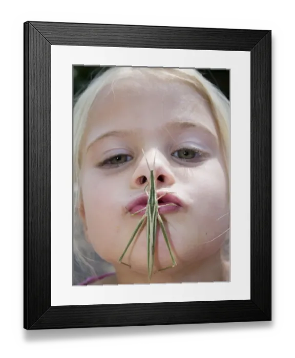 Framed Print : Africa, Kenya. Young girl puckers up with grasshopper on her mouth. (MR) Framed Print : Africa, Kenya. Young girl puckers up with grasshopper on her mouth. (MR)