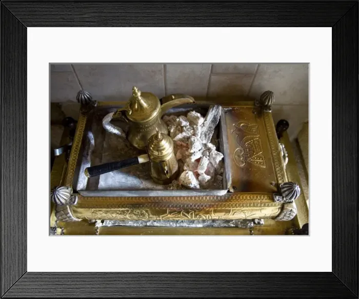 Framed Print : JORDAN, Amman. Traditional Middle Eastern charcoal coffee service. Amman, Jordan