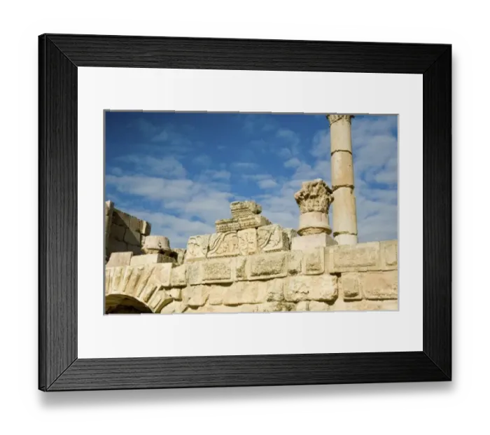 Framed Print : Jordan, Jerash. Architectural decorative elements of granite atop outer wall of Hippodrome arena Framed Print : Jordan, Jerash. Architectural decorative elements of granite atop outer wall of Hippodrome arena