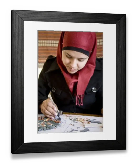Framed Print : Jordan, Madaba. Mosaic artisan working with tesserae, small squares of local stone Framed Print : Jordan, Madaba. Mosaic artisan working with tesserae, small squares of local stone