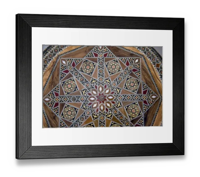 Framed Print : Jordan, Madaba. Wood mosaic head rest with 16th Century Egyptian-Turkish design produced Framed Print : Jordan, Madaba. Wood mosaic head rest with 16th Century Egyptian-Turkish design produced