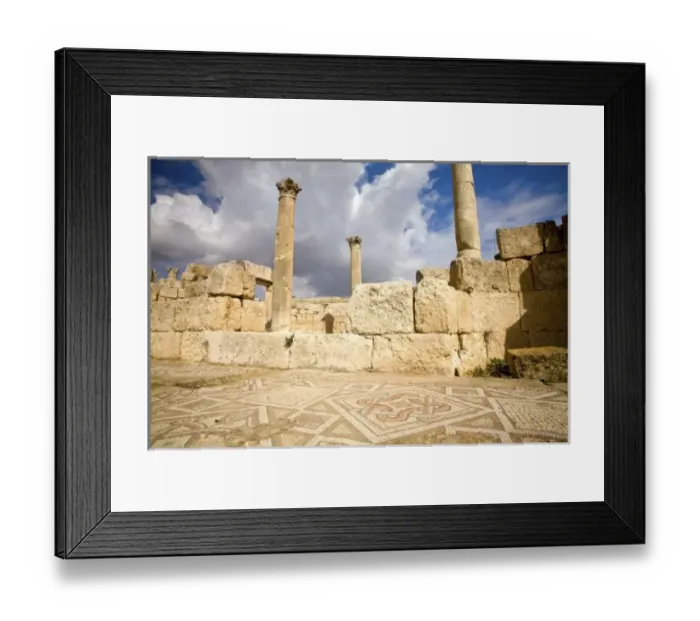 Framed Print : Jordan, Jerash. Floor mosaics of a earthquke-damaged 6th Century Byzantine Church