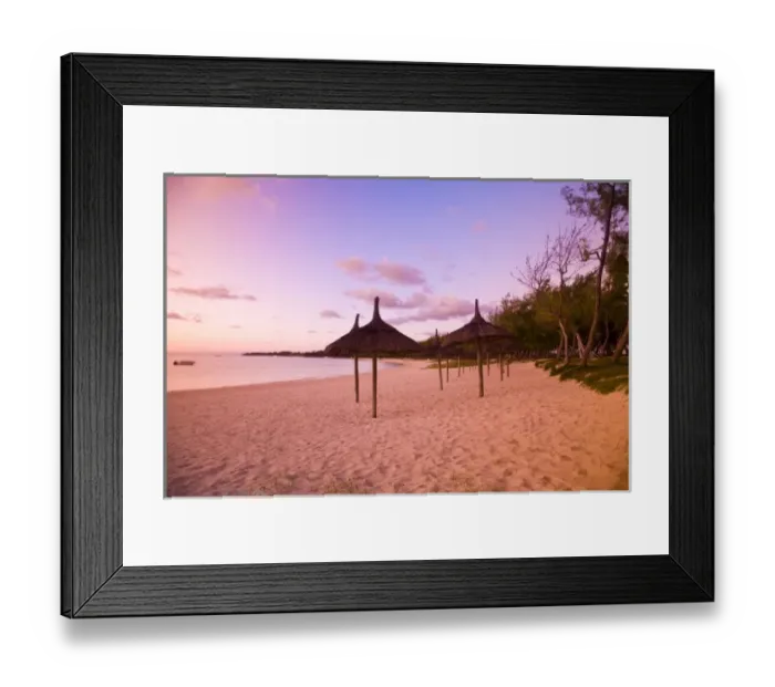 Framed Print : Palapa style beach huts at sunrise, Belle Mare Public Beach, Southeast Mauritius, Africa