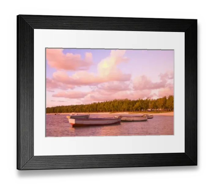 Framed Print : Fishing boats at sunrise, Belle Mare Public Beach, Southeast Mauritius, Africa