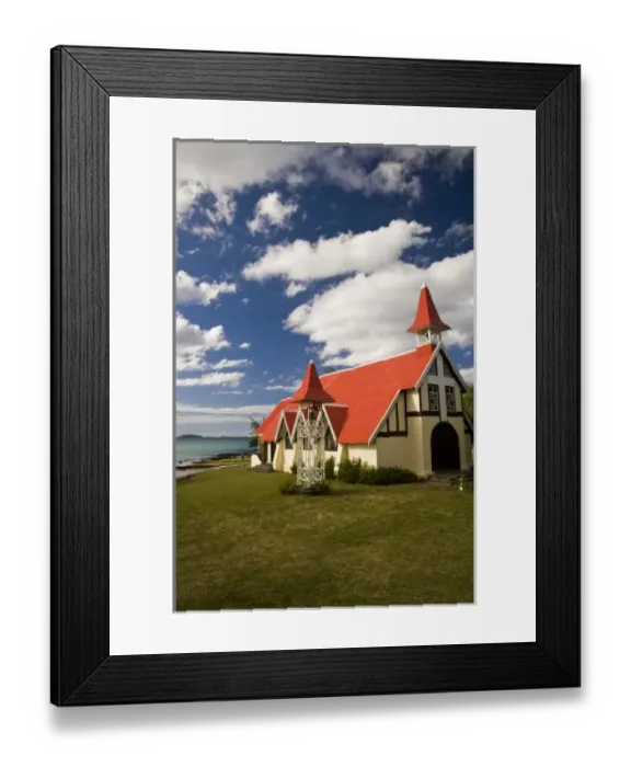 Framed Print : famous Catholic Church with Red Roof Notre Dame Auxiliaiatrice, cap Malheureux, Mauritius