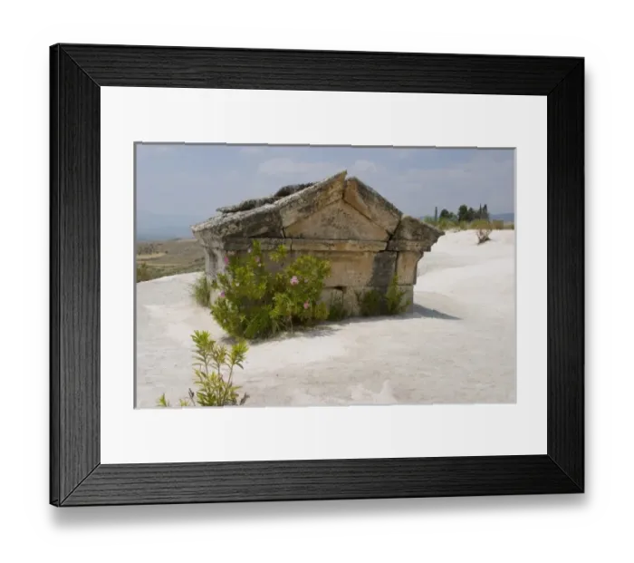 Framed Print : Sarcophagus embedded in white travertine rocks of Pamukkale (ancient Hierapolis), Turkey