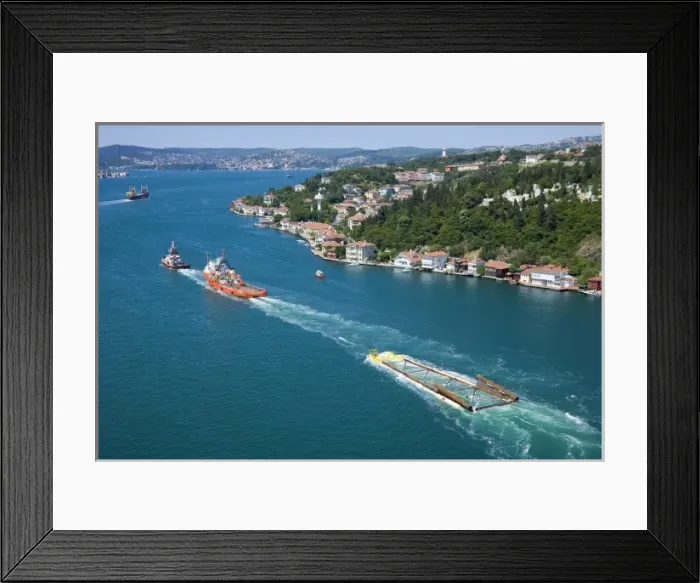 Framed Print : Boats towing a module of a natural gas platform through the Bosphorus, aerial, Istanbul Framed Print : Boats towing a module of a natural gas platform through the Bosphorus, aerial, Istanbul