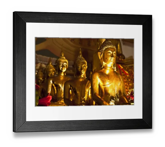 Framed Print : Bangkok, Thailand - Row of ornate, golden Buddhist statues in a temple