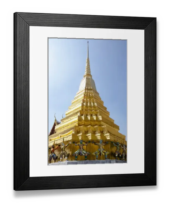 Framed Print : Bangkok, Thailand - Golden statues are holding a golden tiered building over their head